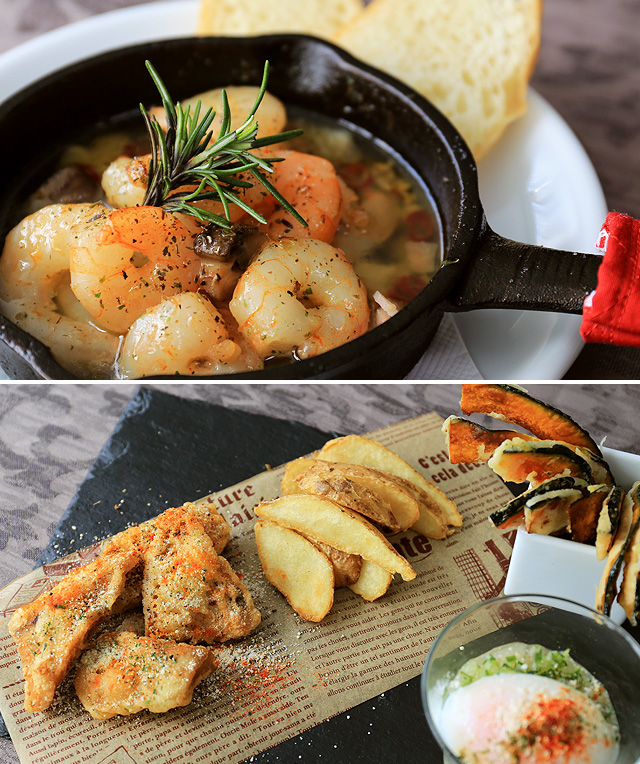 小海老のアヒージョ・フィッシュ＆チップス