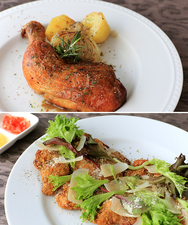 とりもも肉のコンフィ・ポークカツレツ ミラノ風